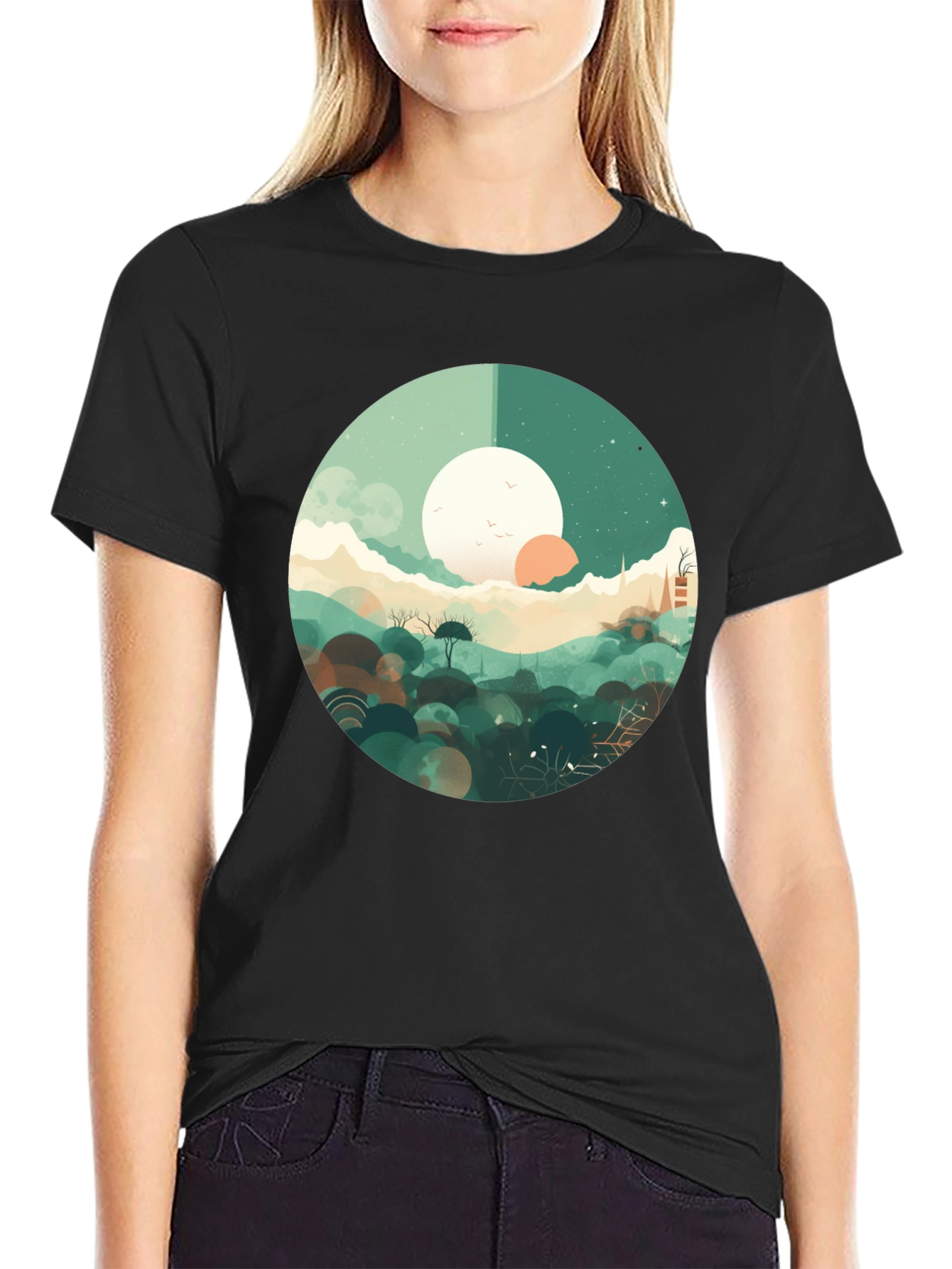 Black Artistic Landscape Graphic Tee - Black Casual Shirt view 2