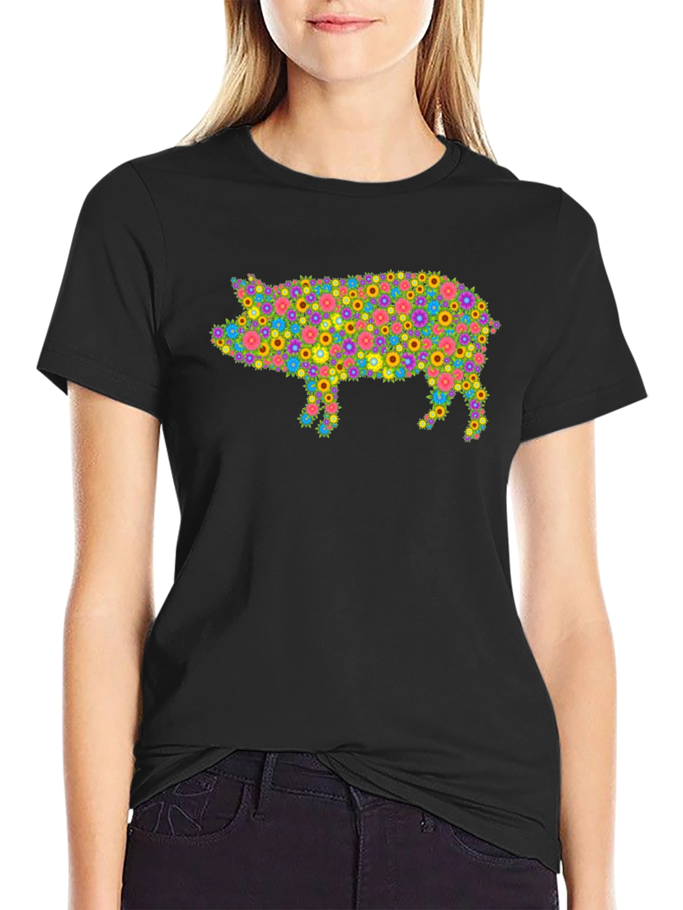 Black Floral Pig Graphic T-Shirt - Unique & Stylish view 2