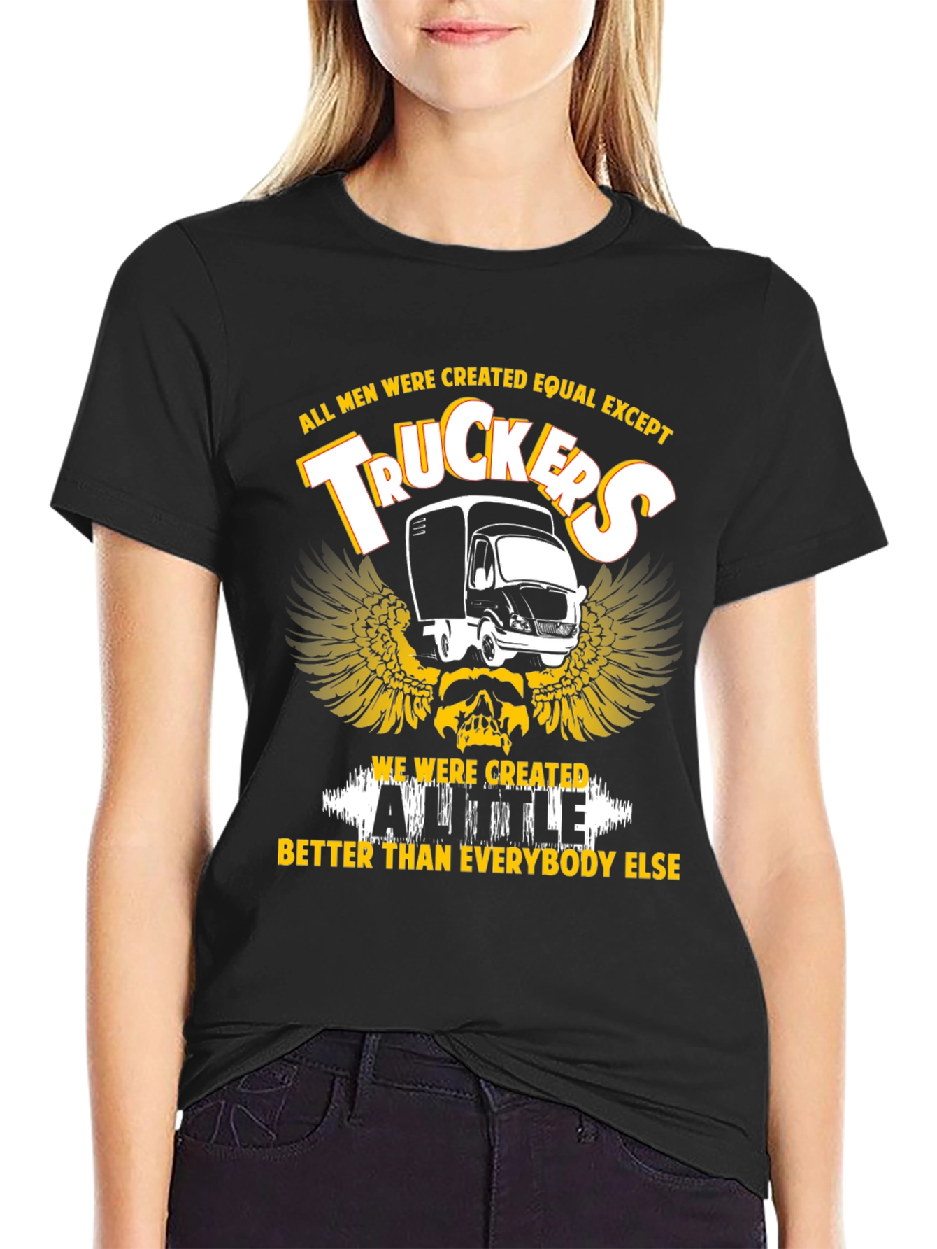 Black Trucker T-Shirt - All Men Are Created Equal Except Truckers Tee view 2