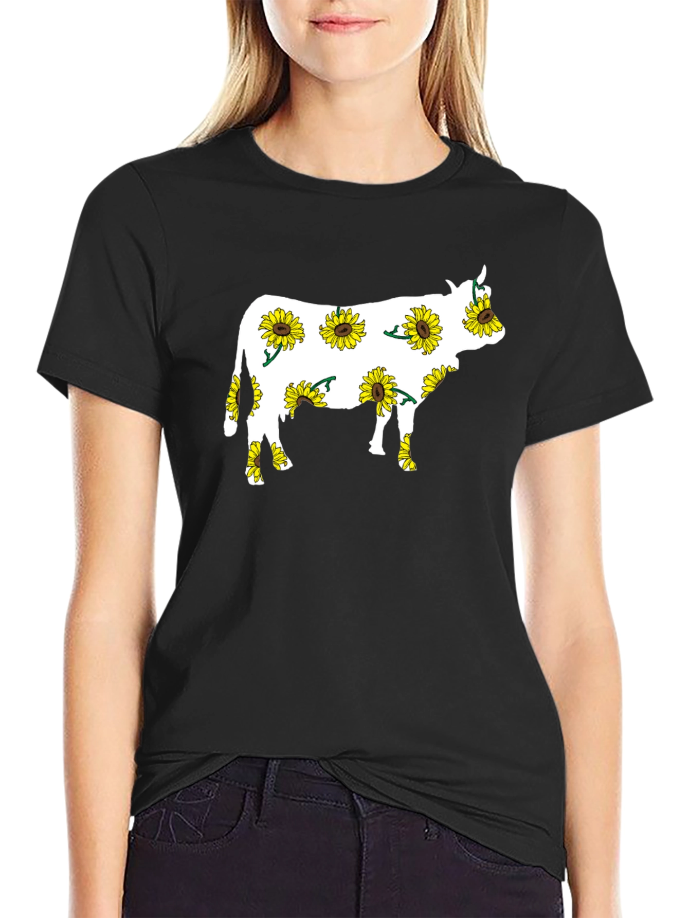 Black Sunflower Cow Graphic Tee - Black Cotton T-Shirt view 2