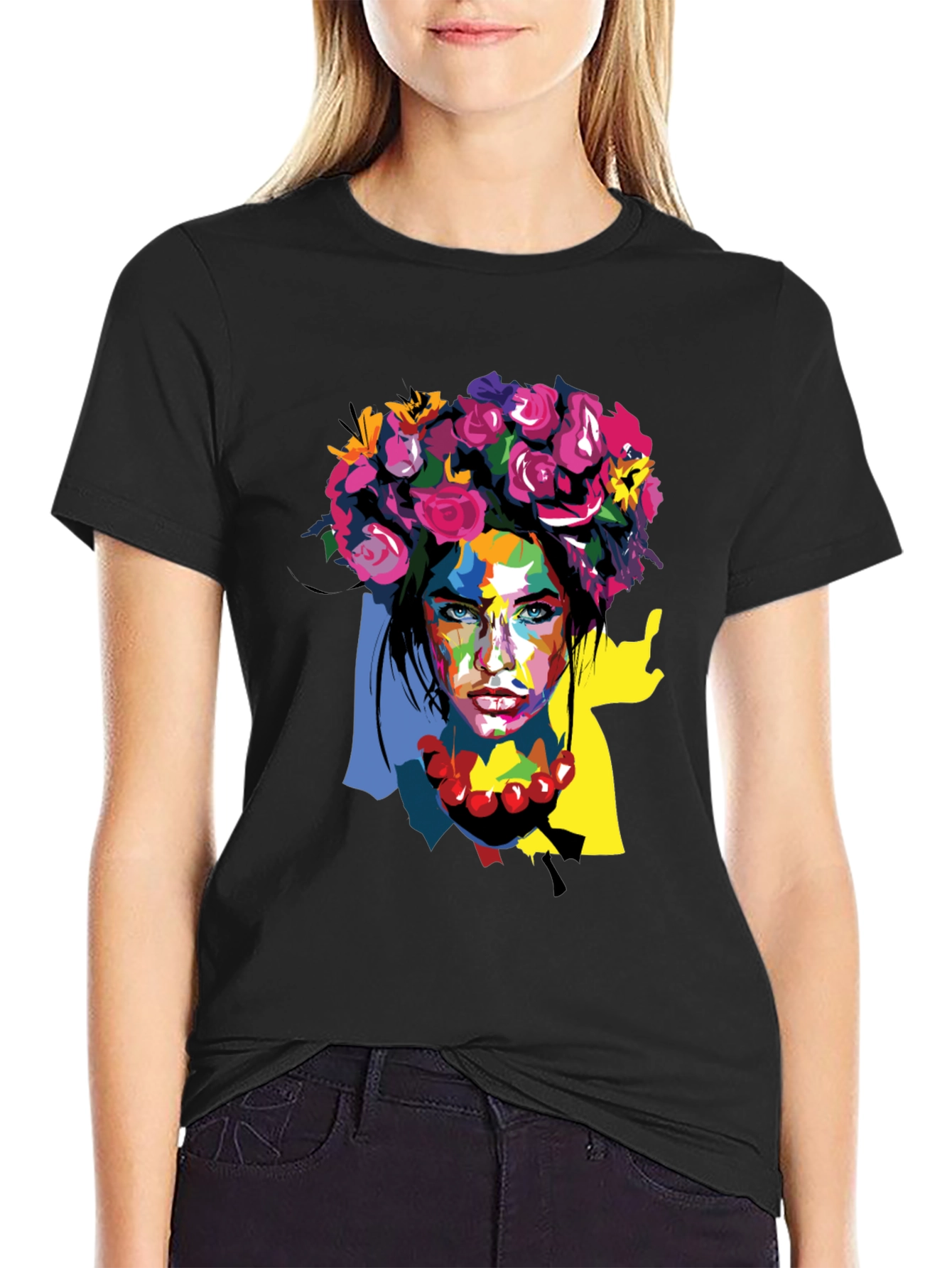 Black Floral Woman Graphic Tee - Artistic Fashion Shirt view 2