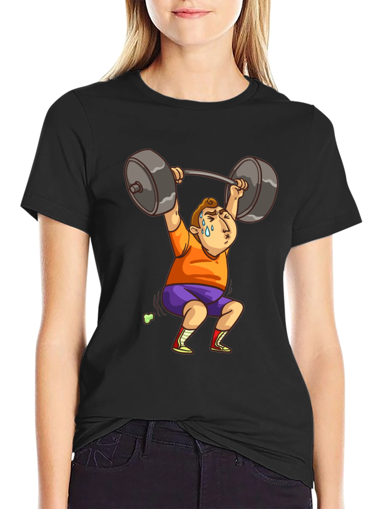 Black Funny Weightlifter Cartoon T-Shirt view 2