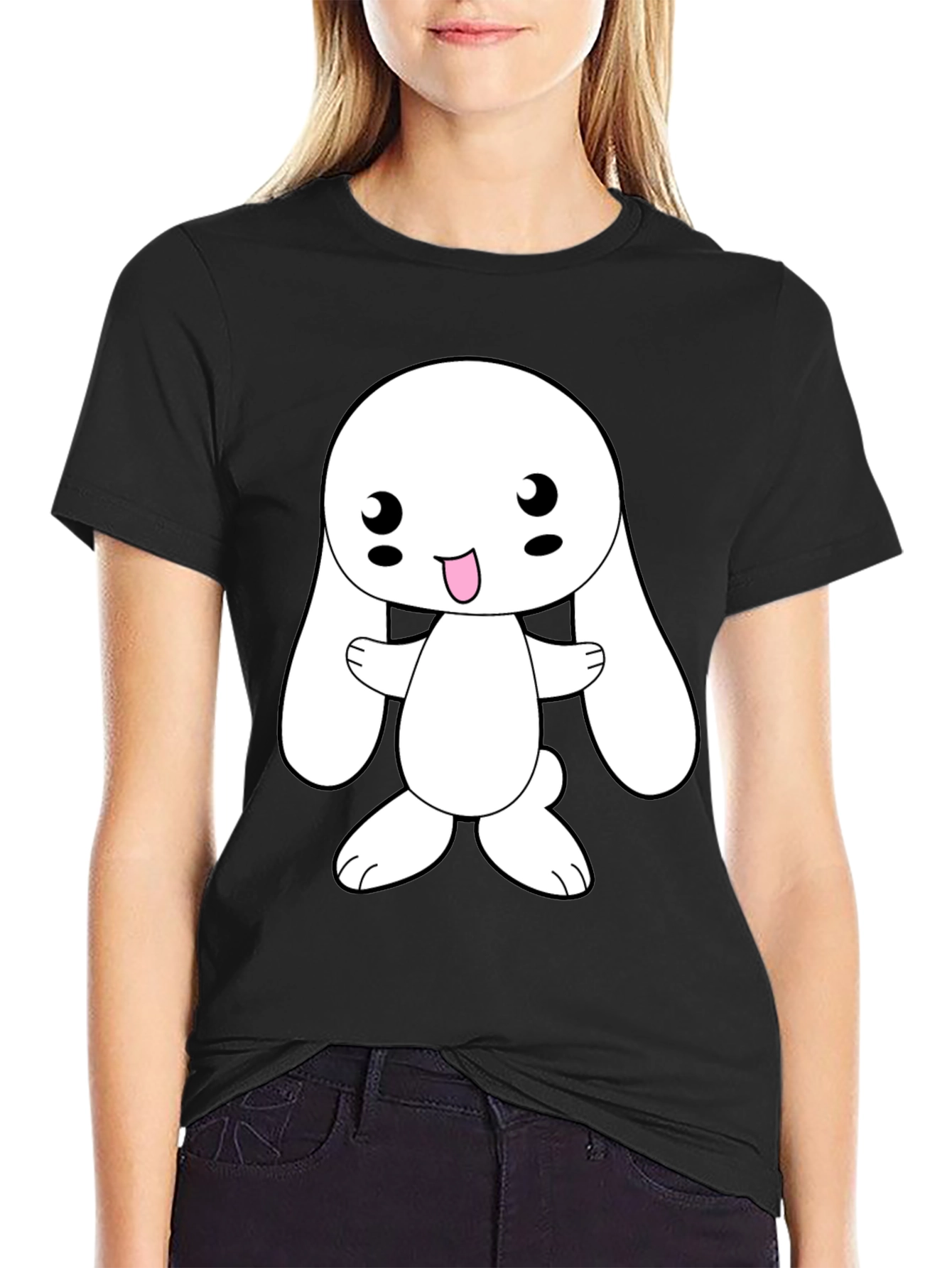 Black Cute Bunny Graphic Tee - Black Cotton Blend view 2