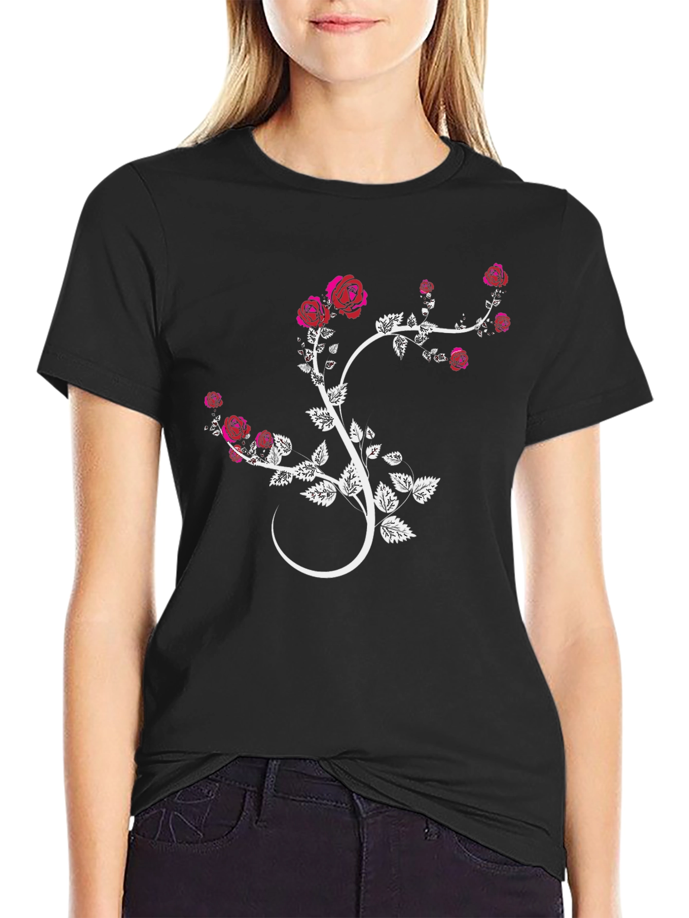 Black Floral Rose Vine Graphic Tee - Black Cotton Blend view 2
