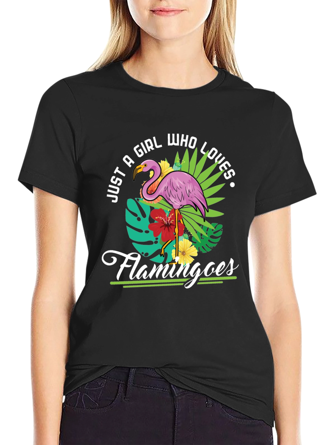 Black Just A Girl Who Loves Flamingos T-Shirt view 2