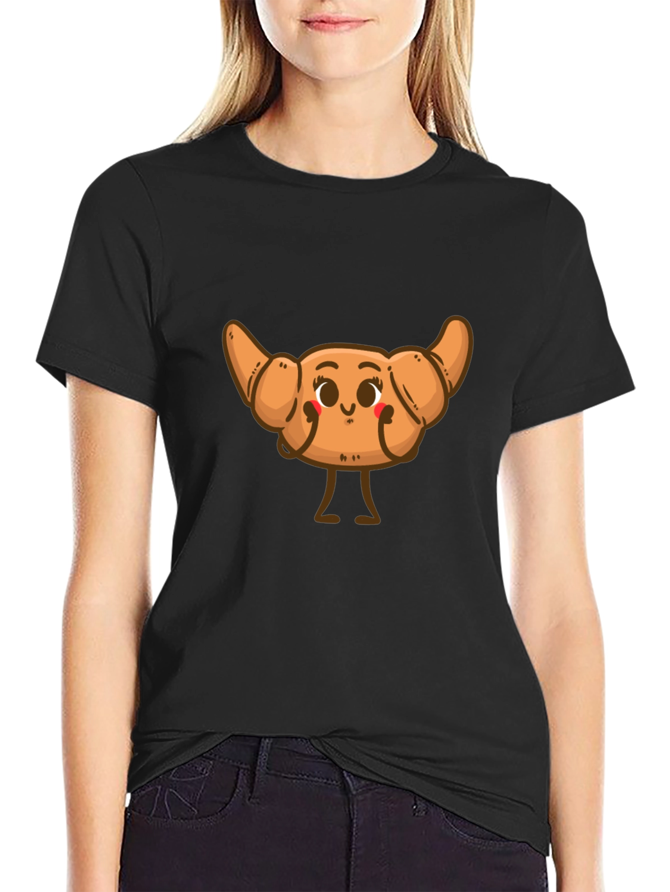 Black Cute Croissant Cartoon Graphic T-Shirt view 2