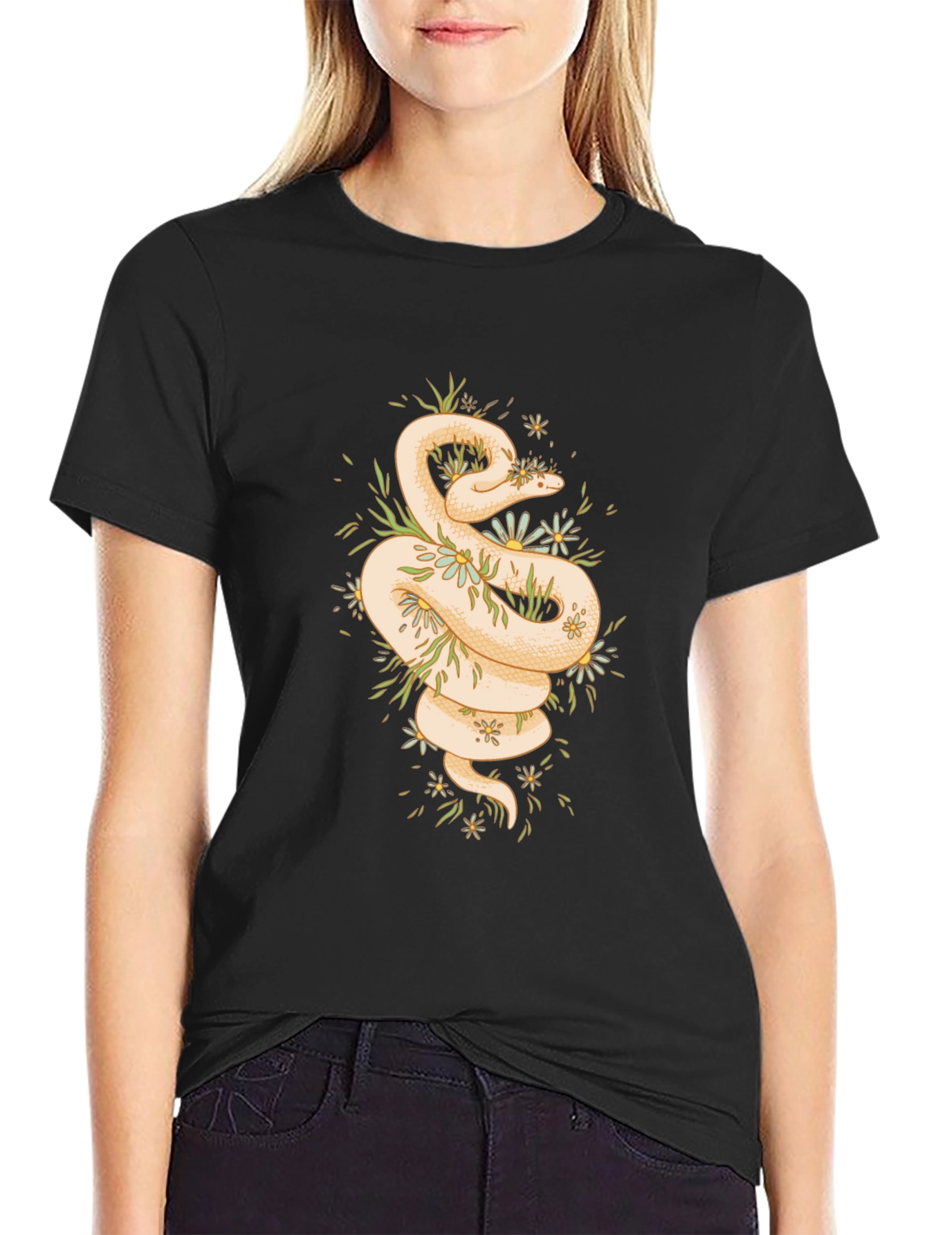 Black Snake & Flowers Graphic Tee - Men's Black T-Shirt view 2