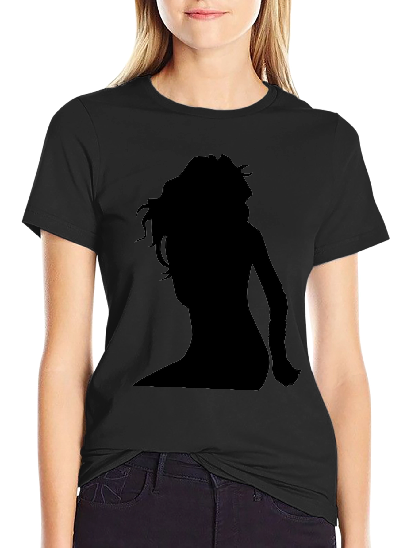 Black Silhouette Woman Graphic Tee - Black Cotton Shirt view 2