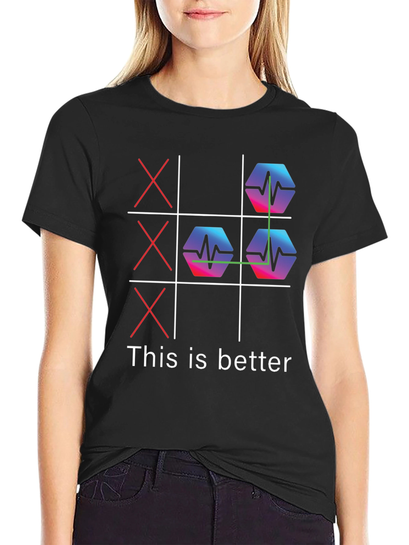 Black Tic-Tac-Toe ECG Pulse Black Graphic Tee view 2