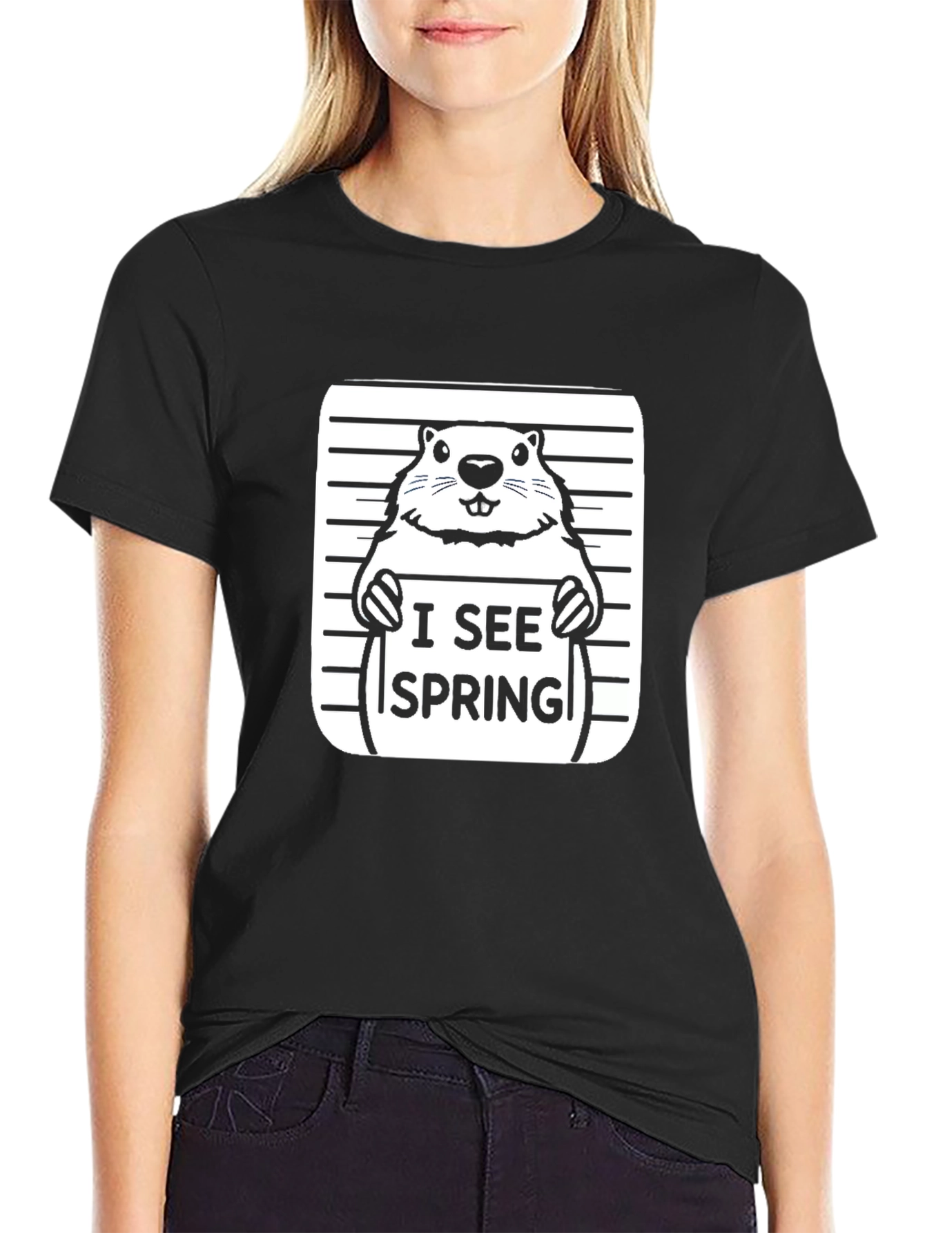 Black I See Spring Groundhog T-Shirt view 2