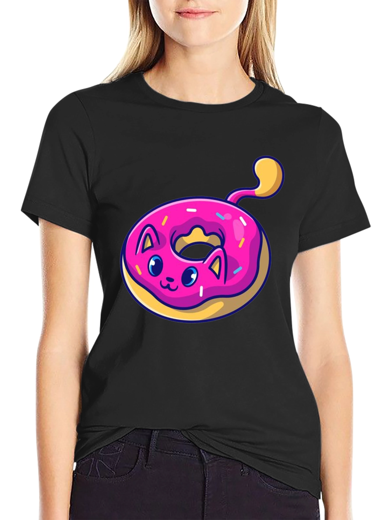 Black Cat Donut T-Shirt: Cute & Playful Black Tee view 2