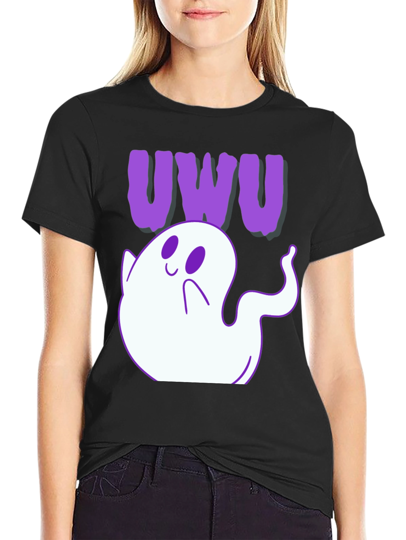 Black Cute Ghost "UWU" T-Shirt view 2
