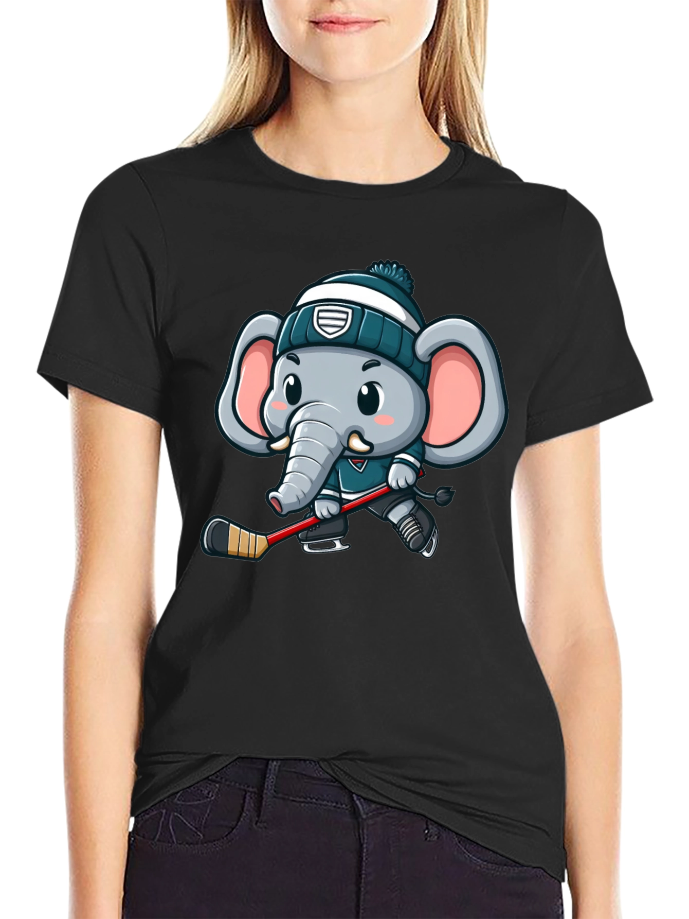 Black Cartoon Elephant Hockey T-Shirt view 2