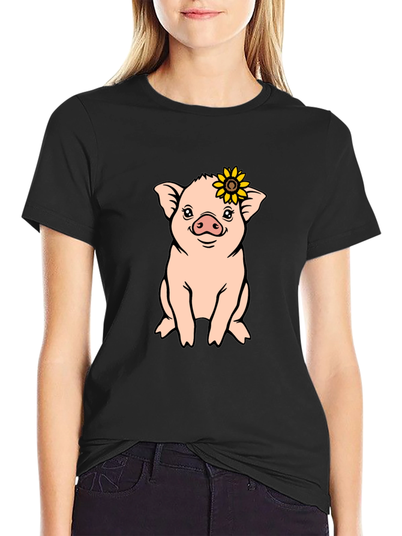 Black Cute Pig with Sunflower Graphic T-Shirt view 2