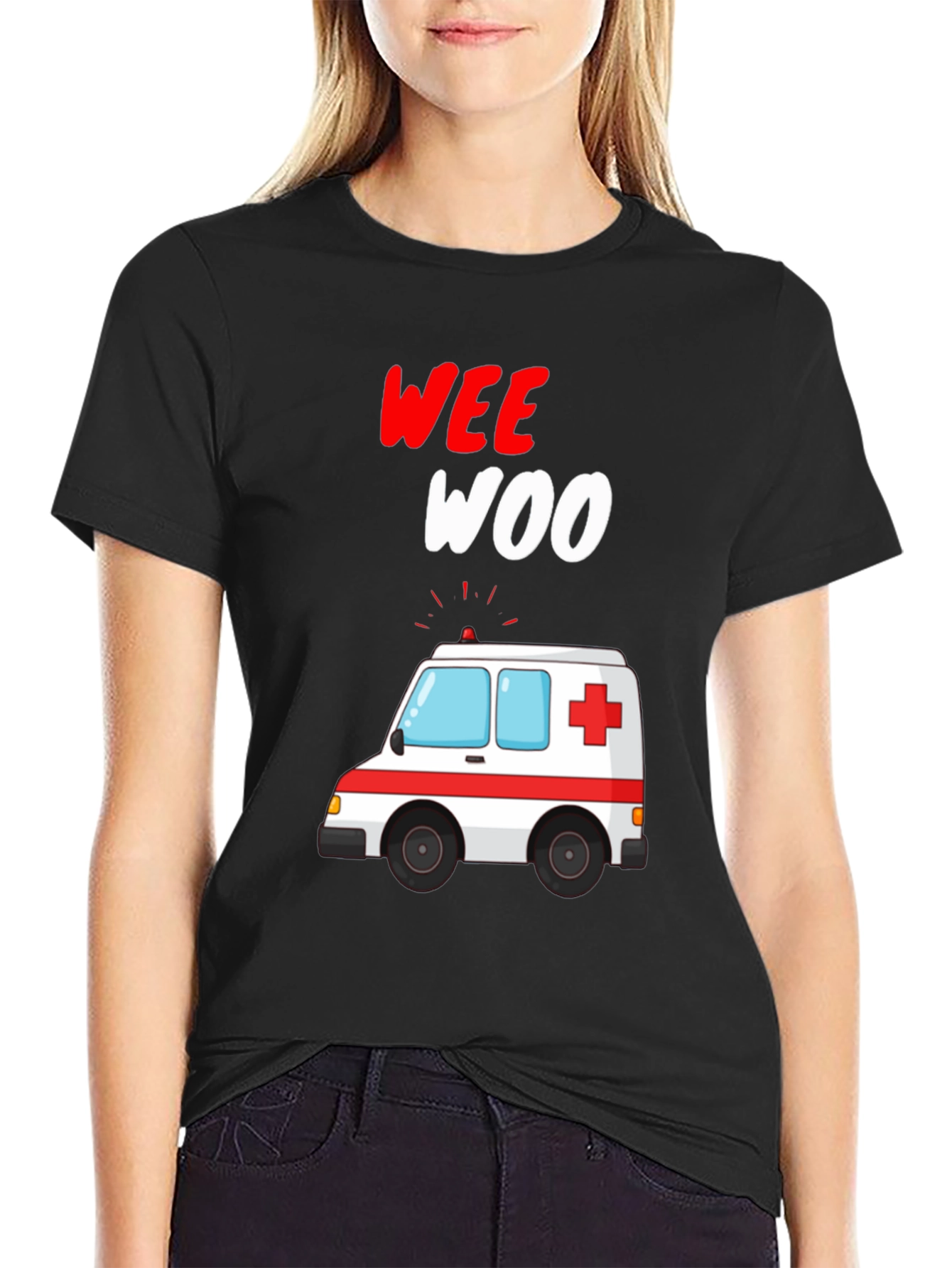 Wee Woo Ambulance Cartoon Black T-Shirt - 2