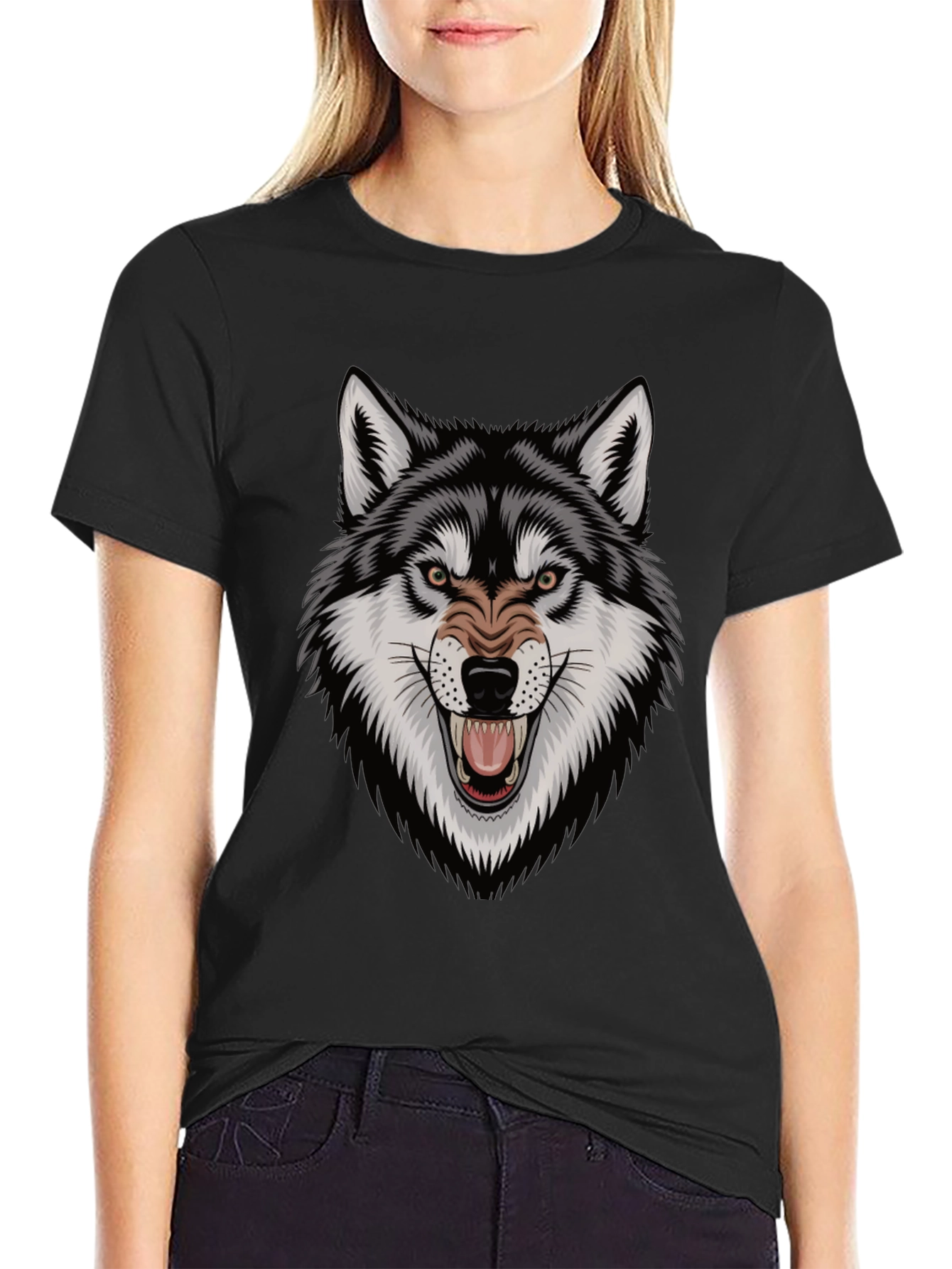 Black Men's Wolf Graphic Tee - Fierce Design, Black Cotton T-Shirt view 2
