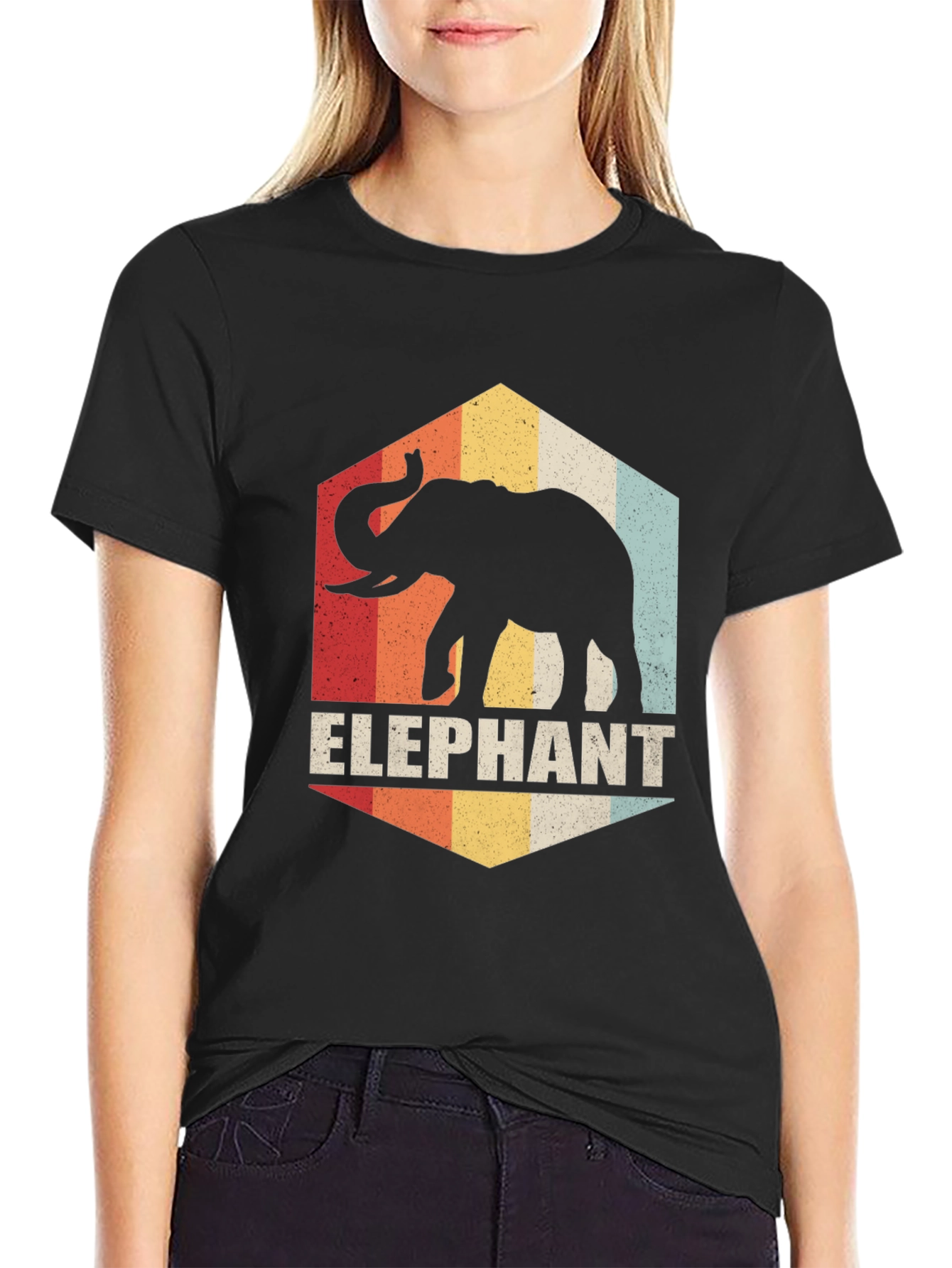 Black Retro Elephant Graphic Tee - Vintage Style Comfort view 2