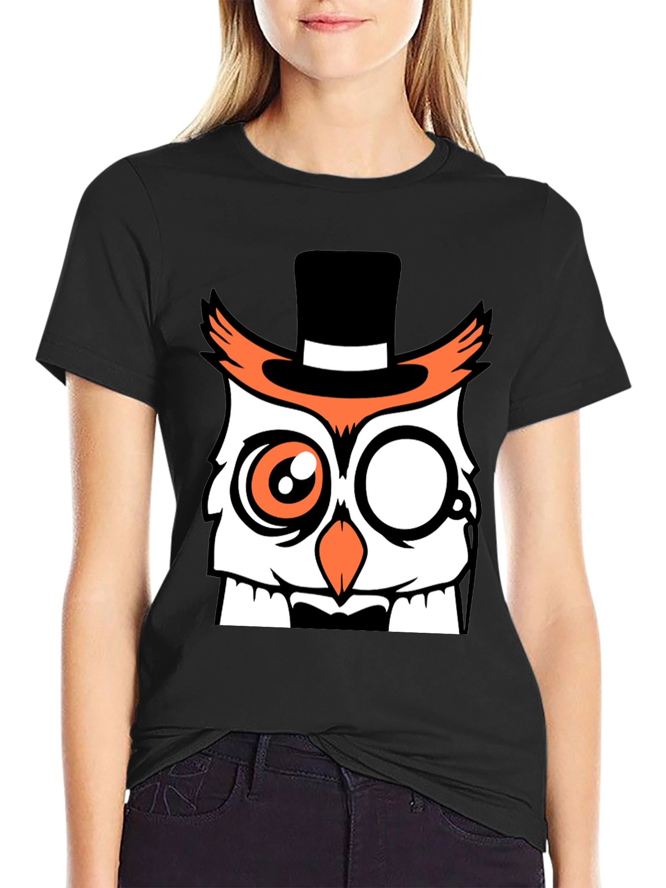 Black Dapper Owl T-Shirt - Funny Cartoon Design view 2