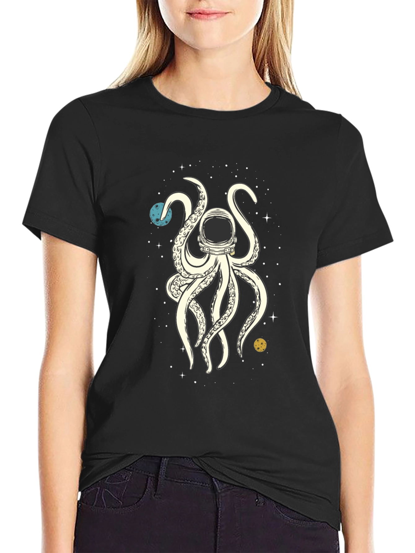 Black Cosmic Kraken Tee: Astronaut Octopus in Space view 2
