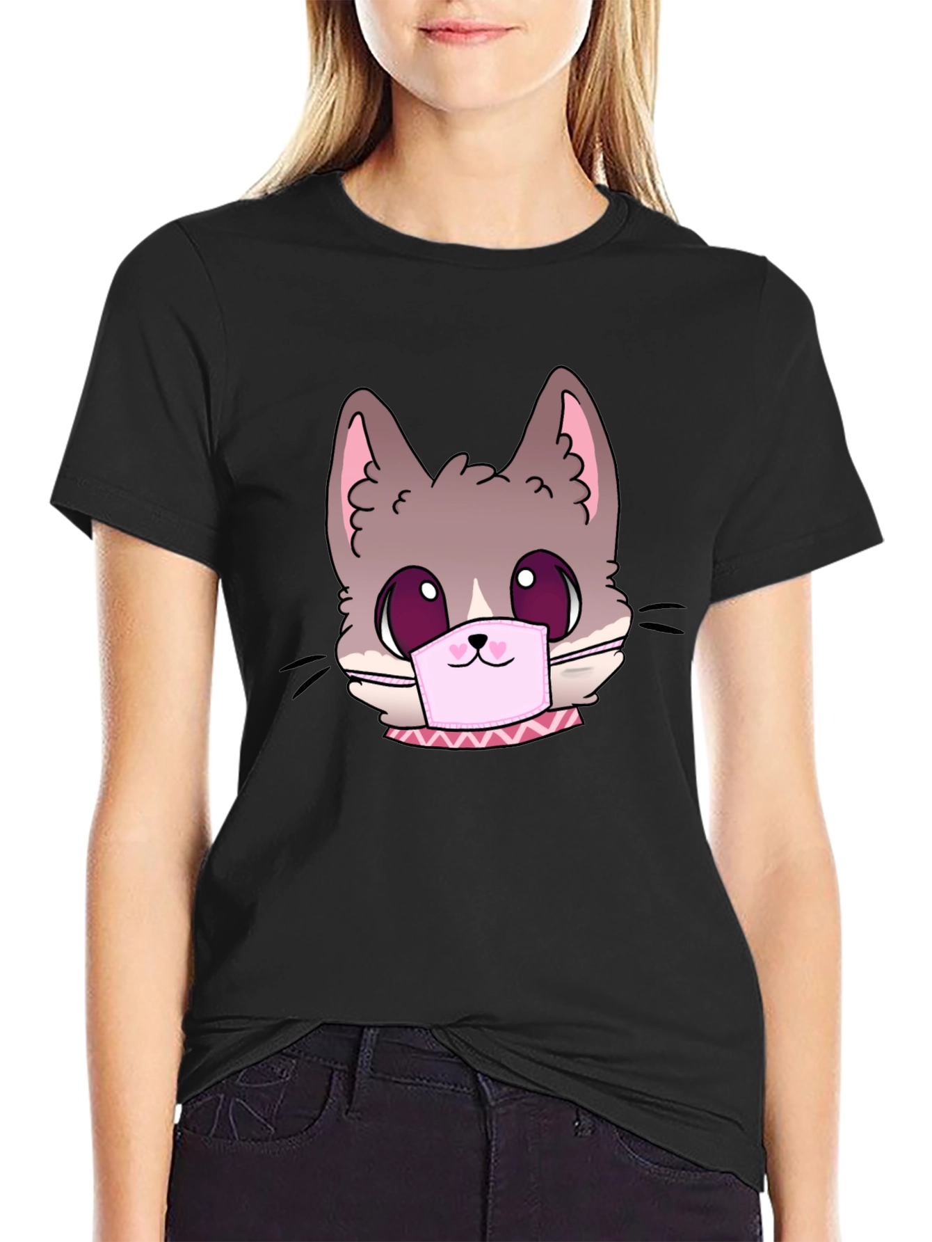 Black Cute Cat Face Mask Graphic T-Shirt view 2