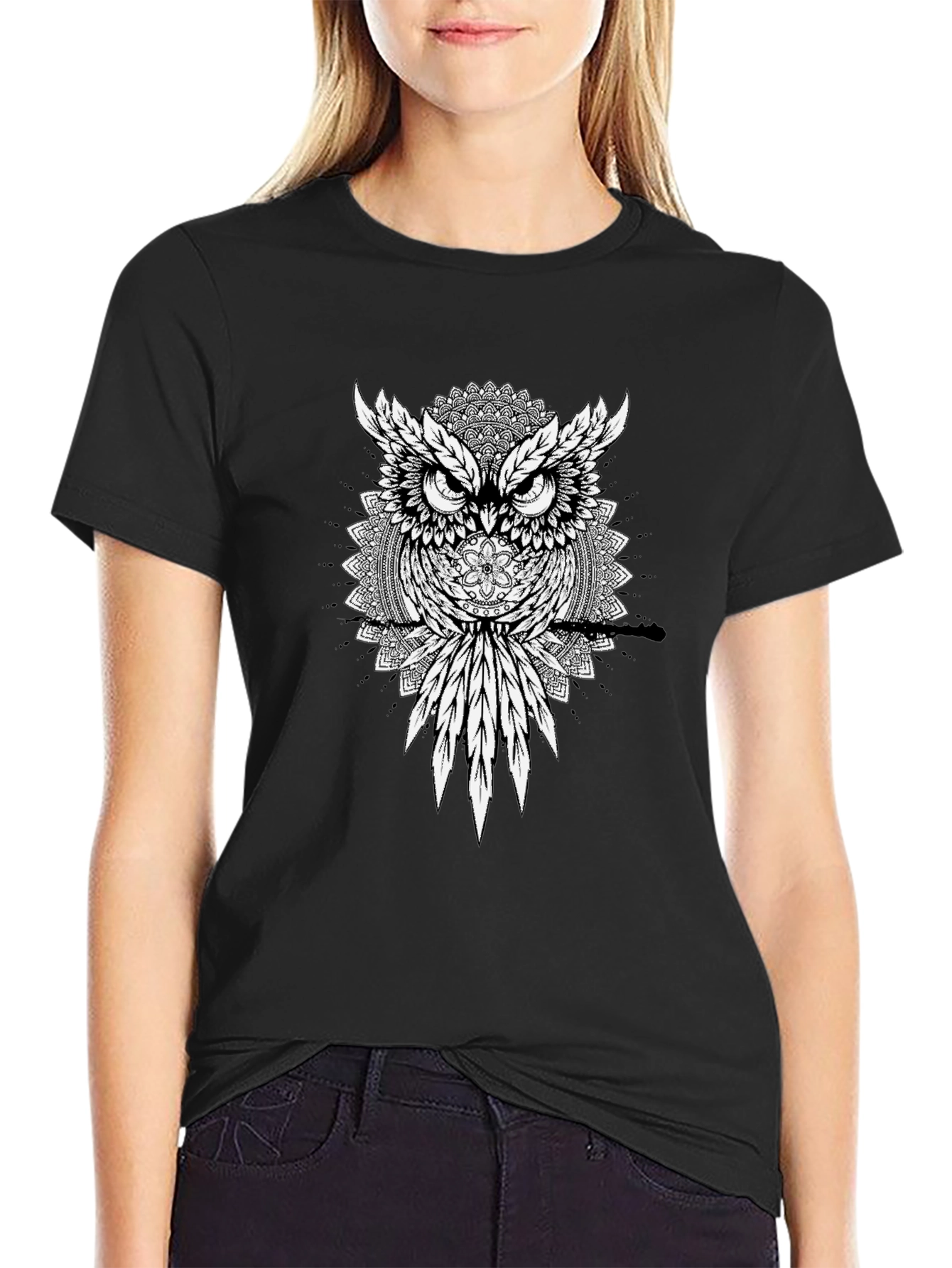 Black Owl Mandala Graphic Tee - Men's Black T-Shirt view 2
