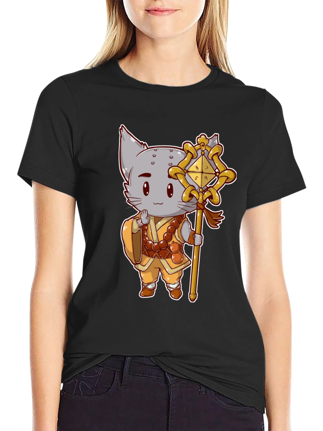 Black Monk Cat T-Shirt - Cute Anime Style view 2