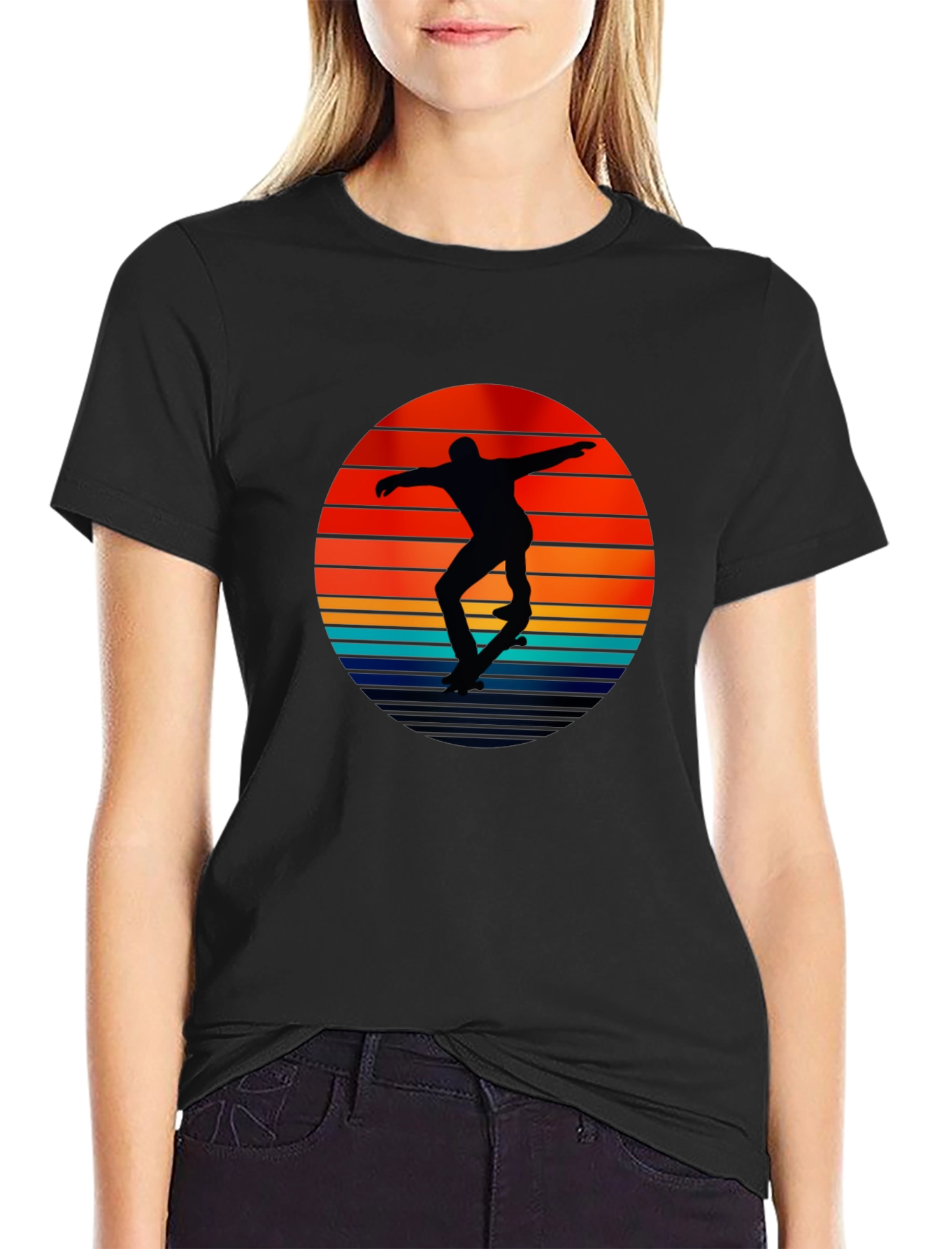 Black Retro Skateboarder Sunset Graphic T-Shirt view 2