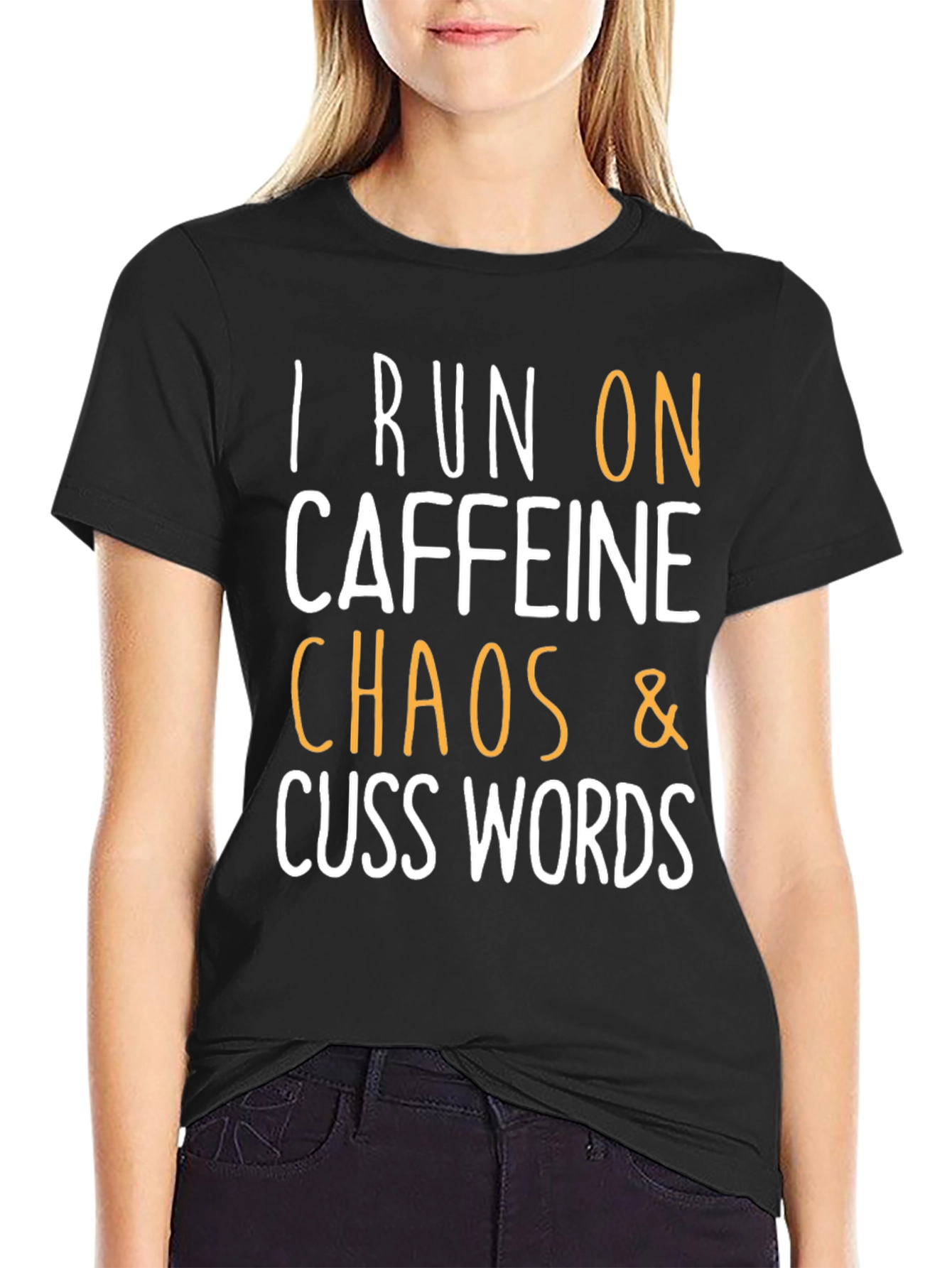 Black I Run On Caffeine, Chaos & Cuss Words T-Shirt view 2