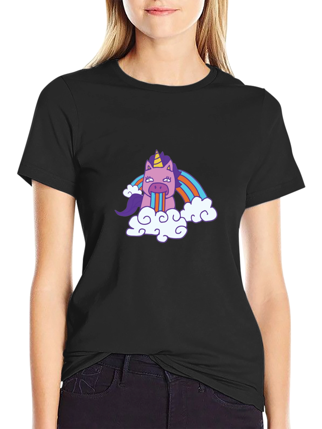 Black Unicorn Rainbow Puke Graphic Tee - Black Cotton Shirt view 2