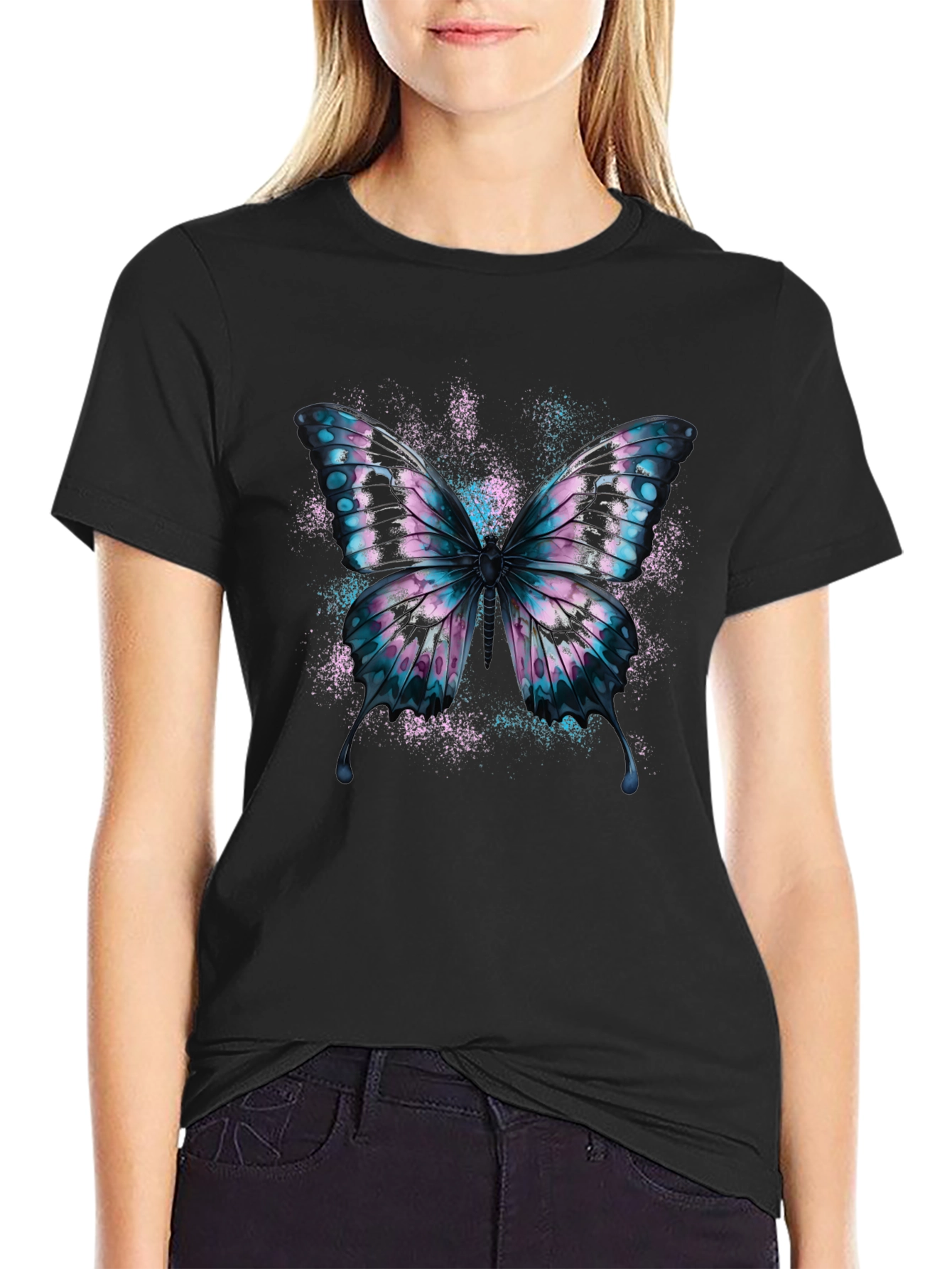 Black Butterfly Graphic Black Cotton T-Shirt view 2