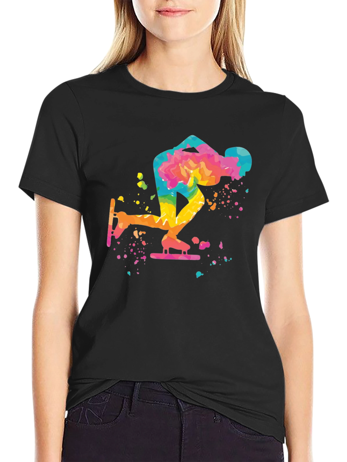 Black Speed Skating T-Shirt - Colorful Design view 2