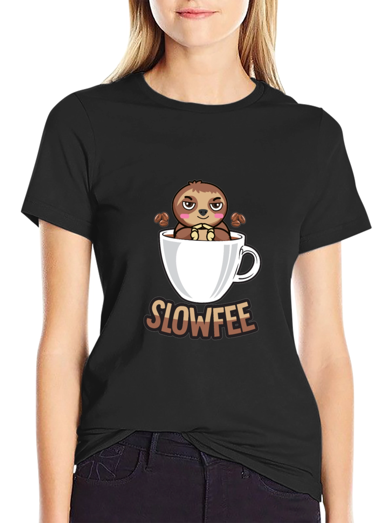 Black Slowfee Sloth Coffee Cup T-Shirt - Funny Cute Tee view 2