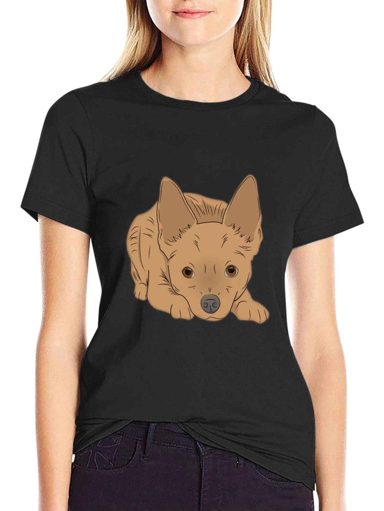 Black Cute Puppy Graphic Tee - Black Cotton T-Shirt view 2
