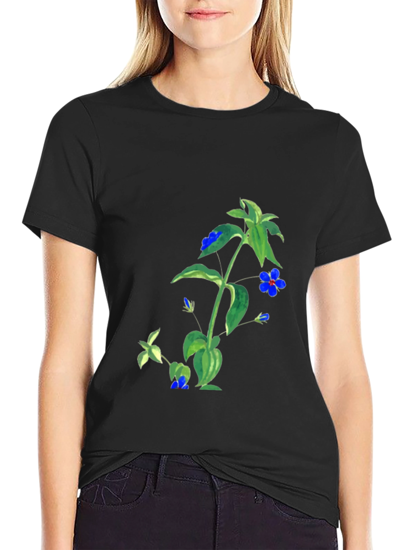 Black Botanical Blue Flower Graphic Black T-Shirt view 2