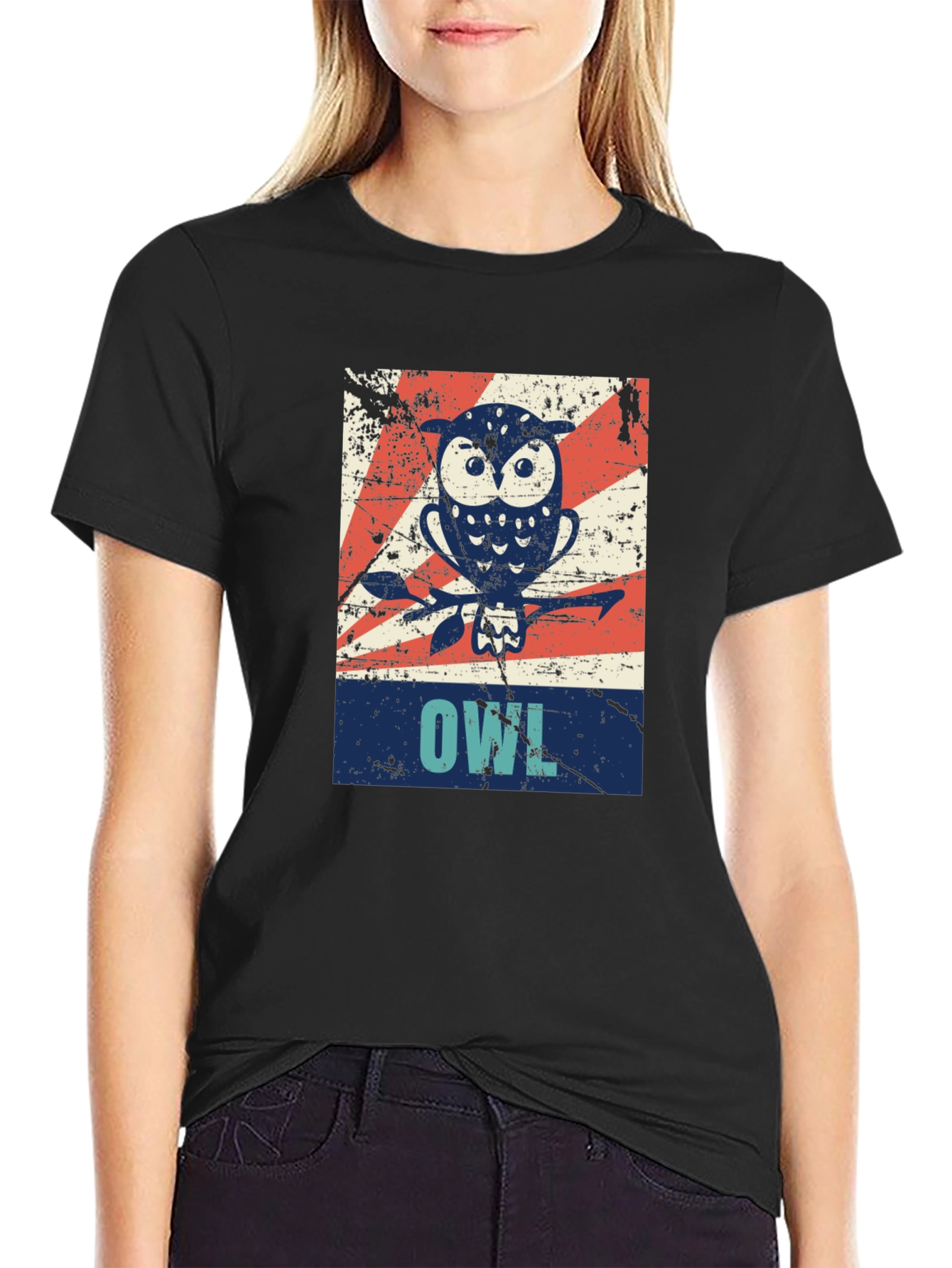 Black Vintage Owl Graphic Tee - Unisex Black T-Shirt view 2