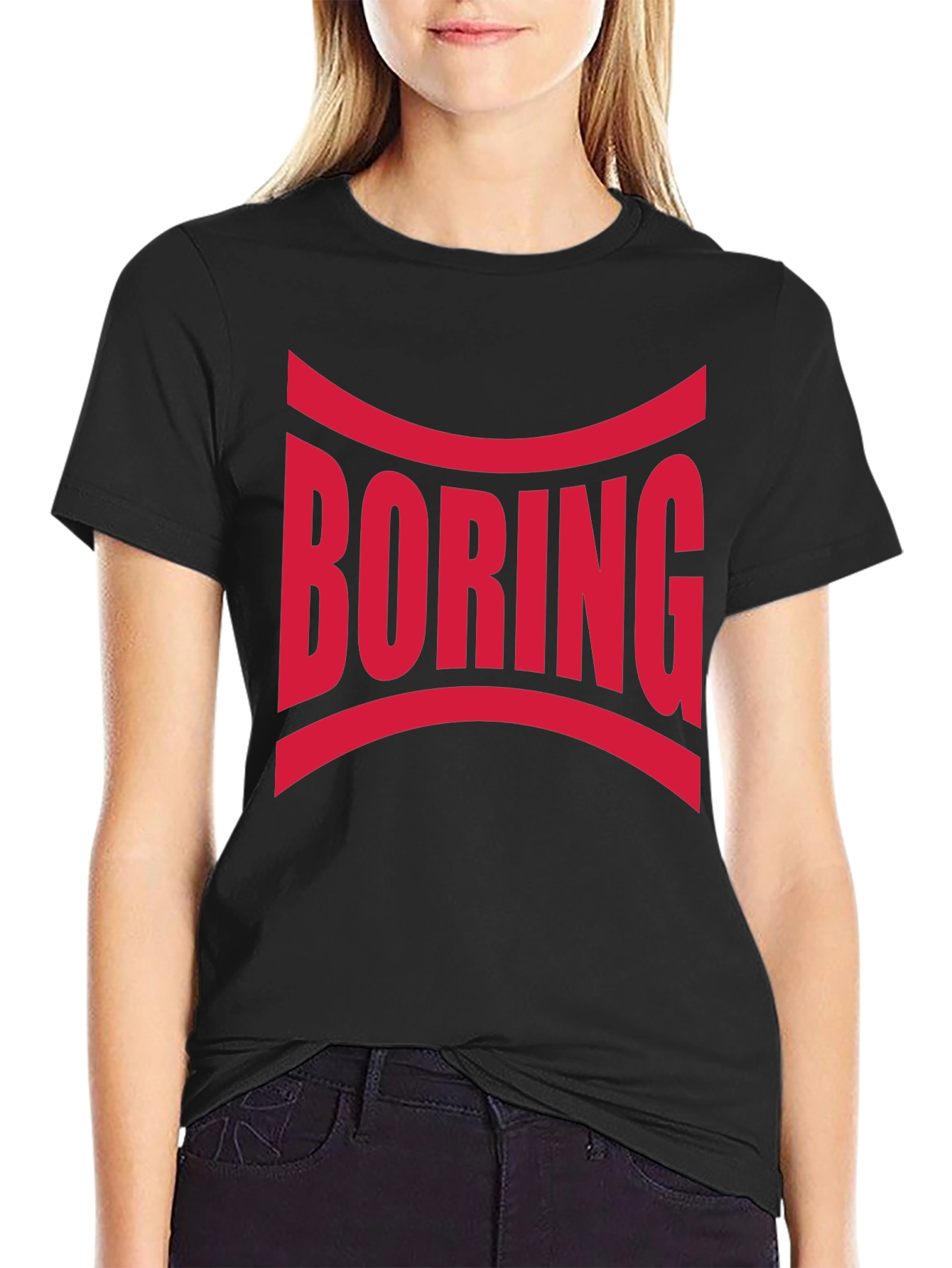 Black Boring Graphic Print Crew Neck T-Shirt view 2