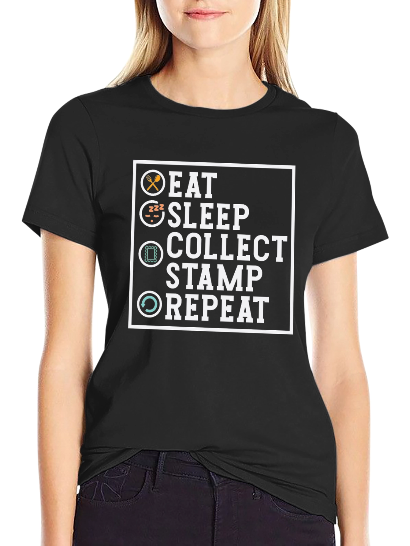 Black Eat Sleep Collect Stamp Repeat Graphic T-Shirt view 2