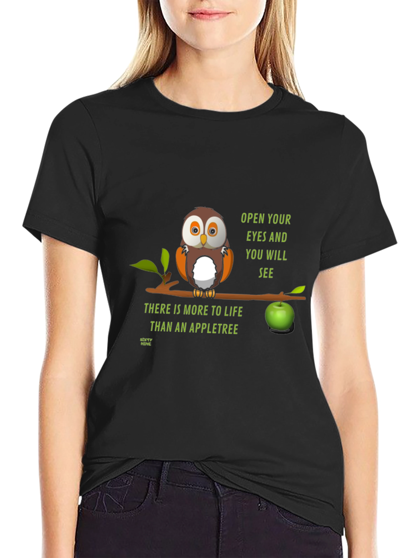 Black Owl Apple Tree Graphic T-Shirt view 2