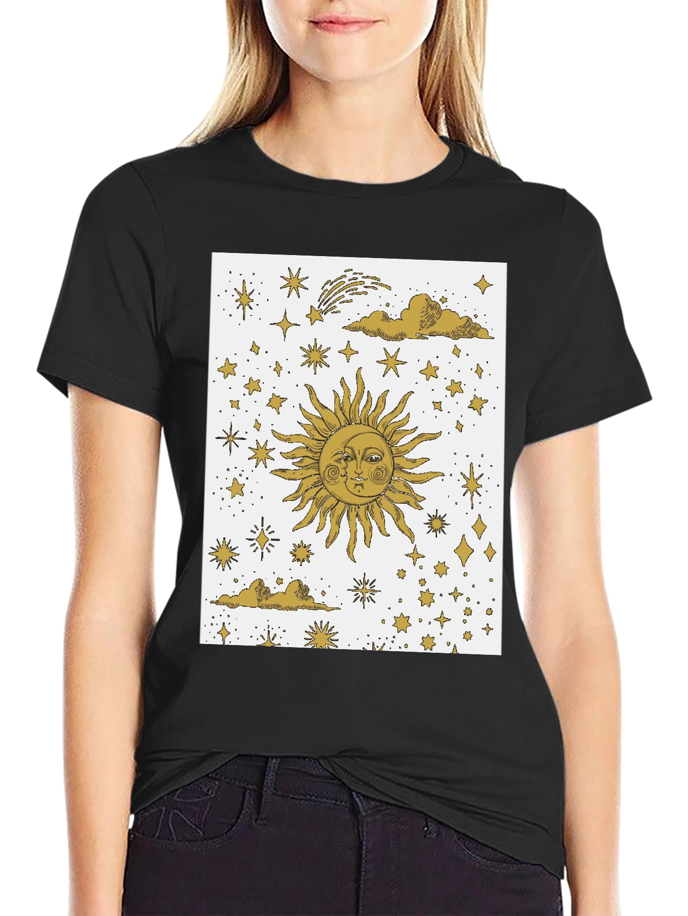 Black Celestial Sun & Moon Graphic Tee - Black Cotton Blend view 2