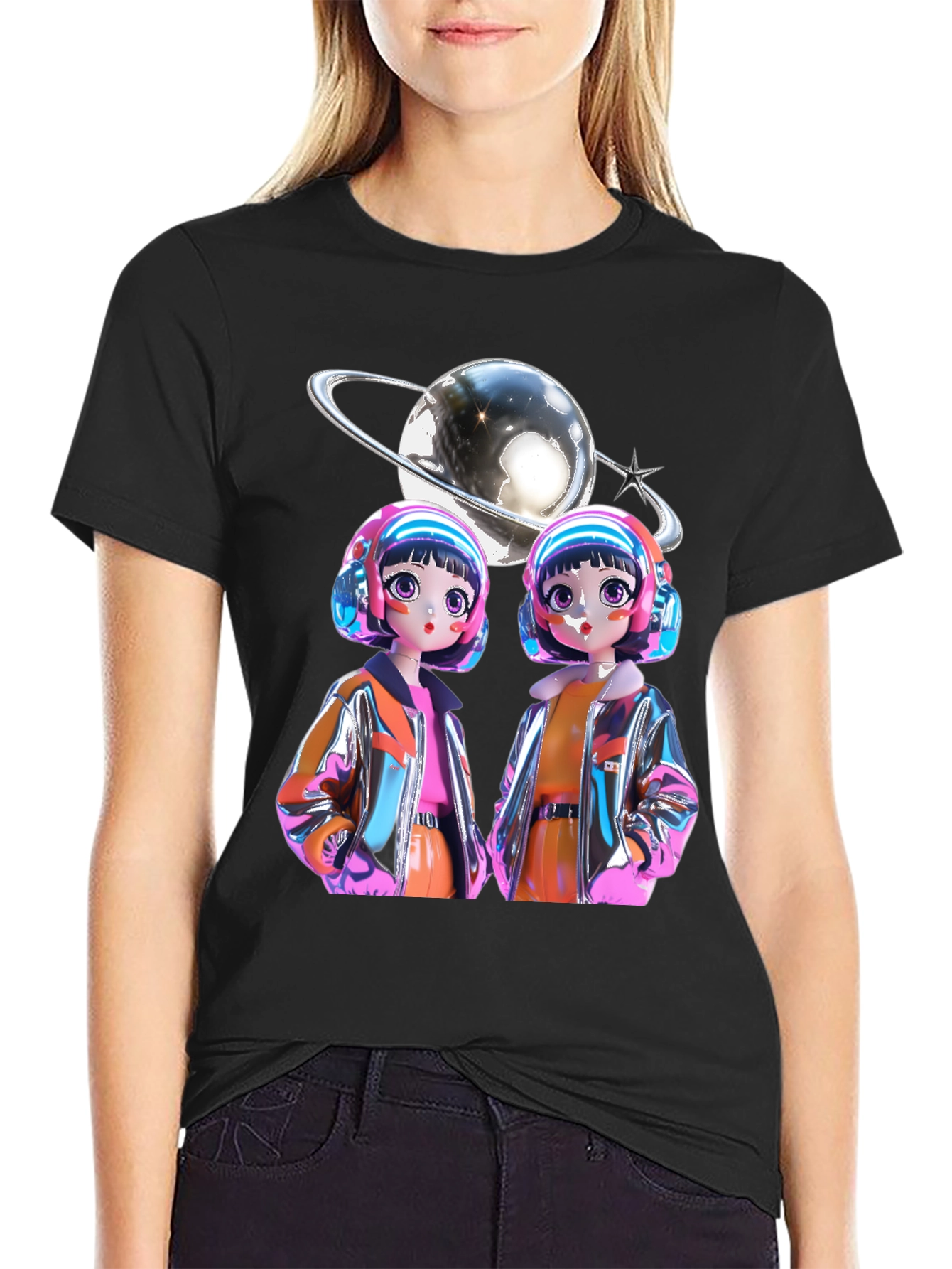 Black Retro Anime Twins Graphic Tee - Black Cotton T-Shirt view 2