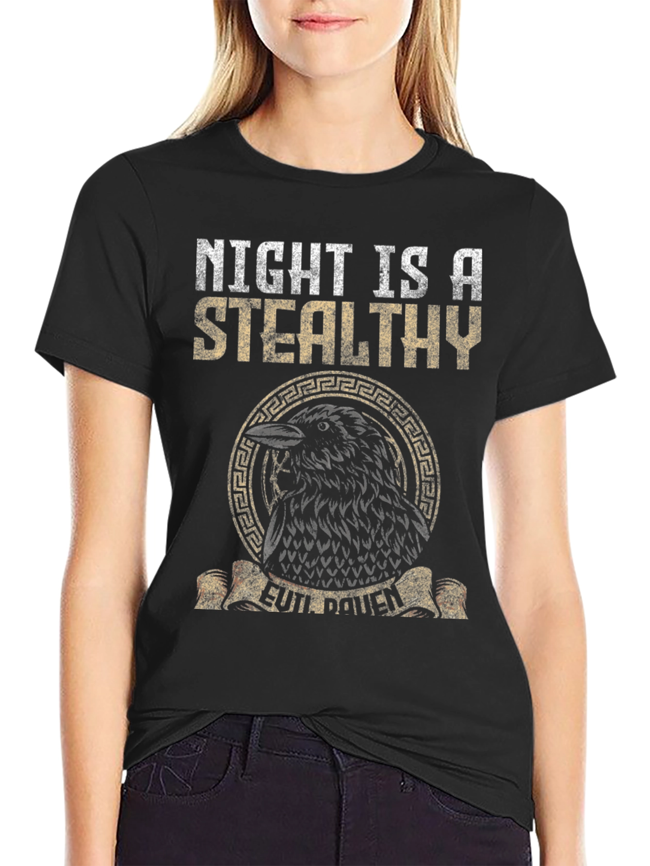 Black Night Raven Graphic Tee - Stealthy Bird Design view 2