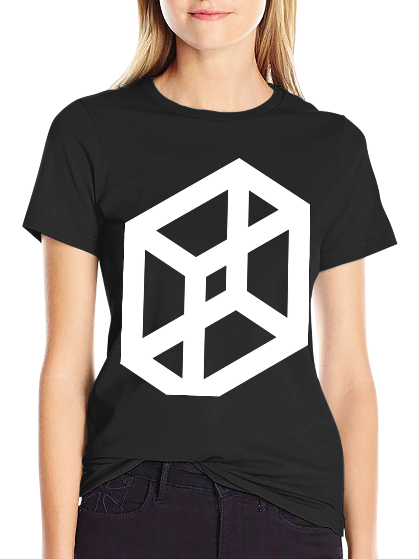 Black Optical Illusion Cube Graphic Tee - Black Casual T-Shirt view 2