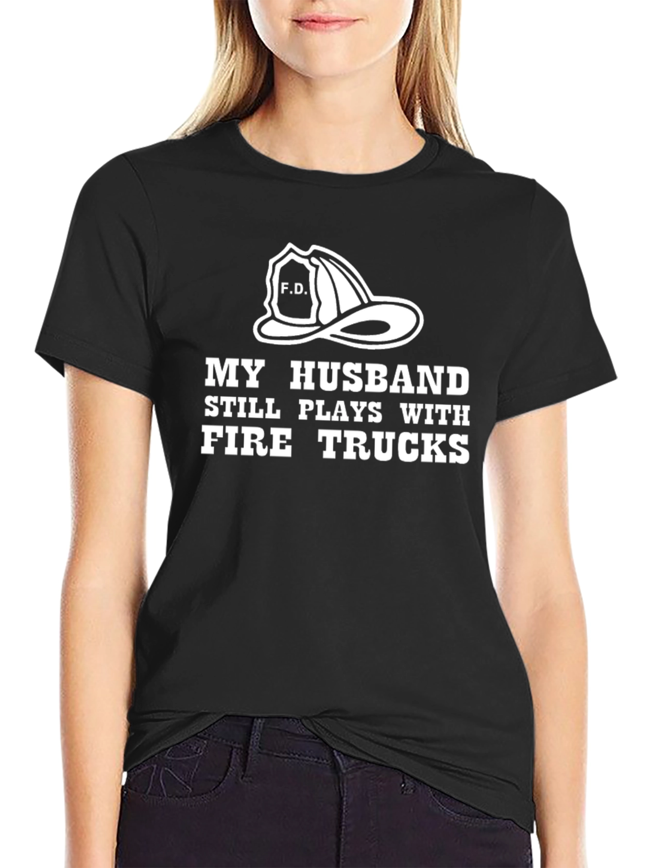 Black Firefighter Husband T-Shirt - Still Plays With Fire Trucks view 2