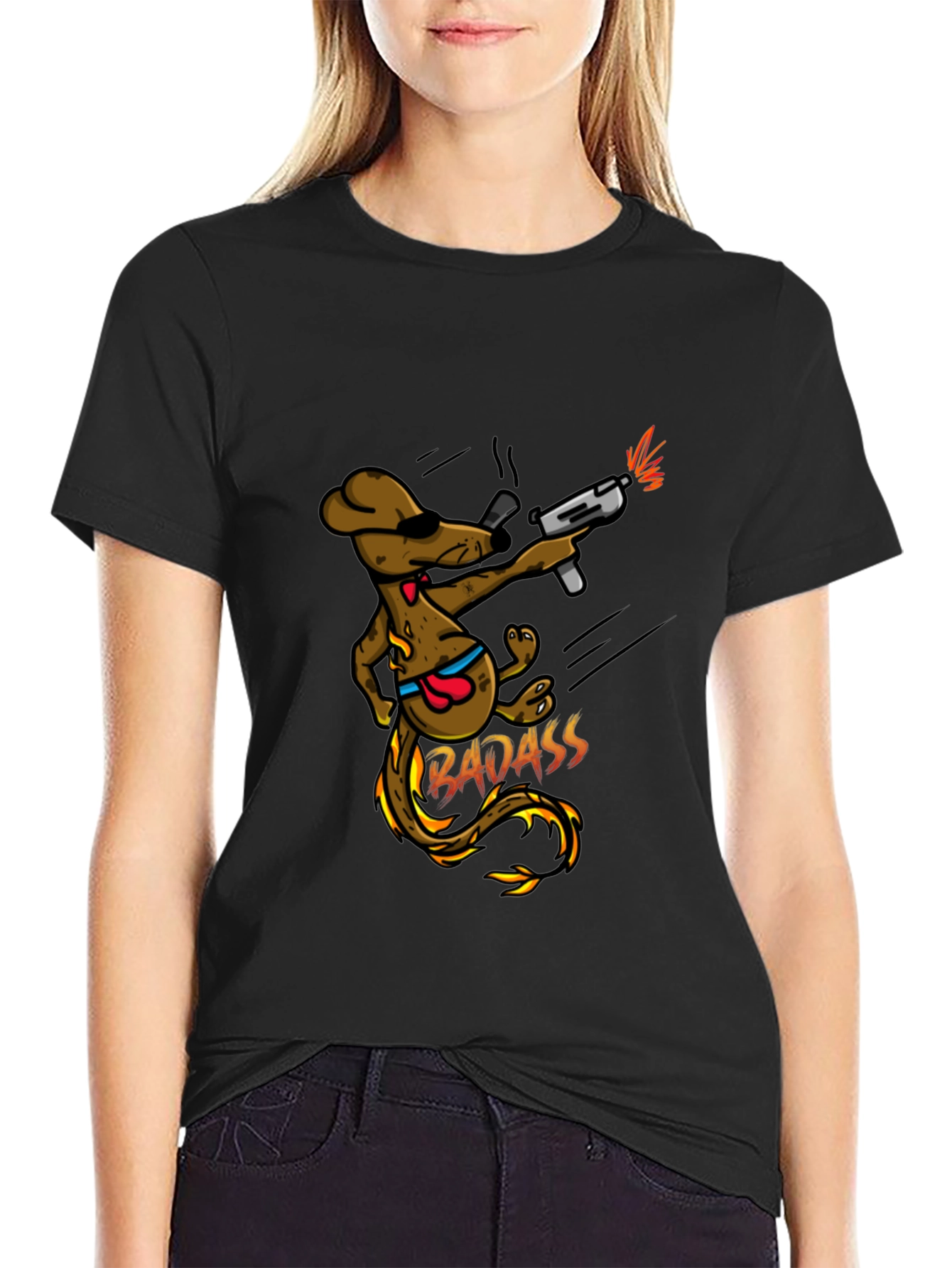 Black Badass Dog with Gun Black T-Shirt view 2