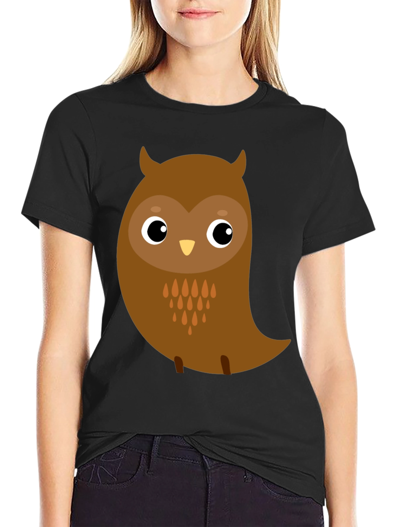 Black Cute Cartoon Owl Graphic Black T-Shirt view 2