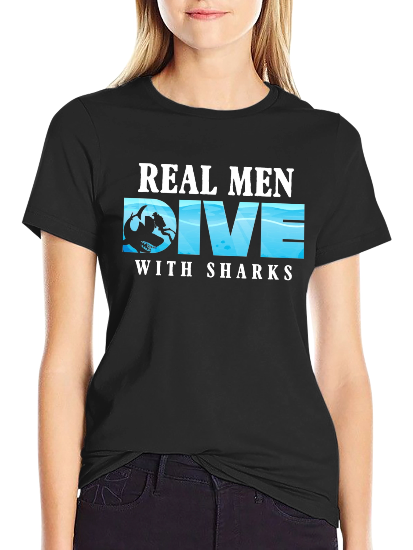 Black Real Men Dive With Sharks T-Shirt view 2