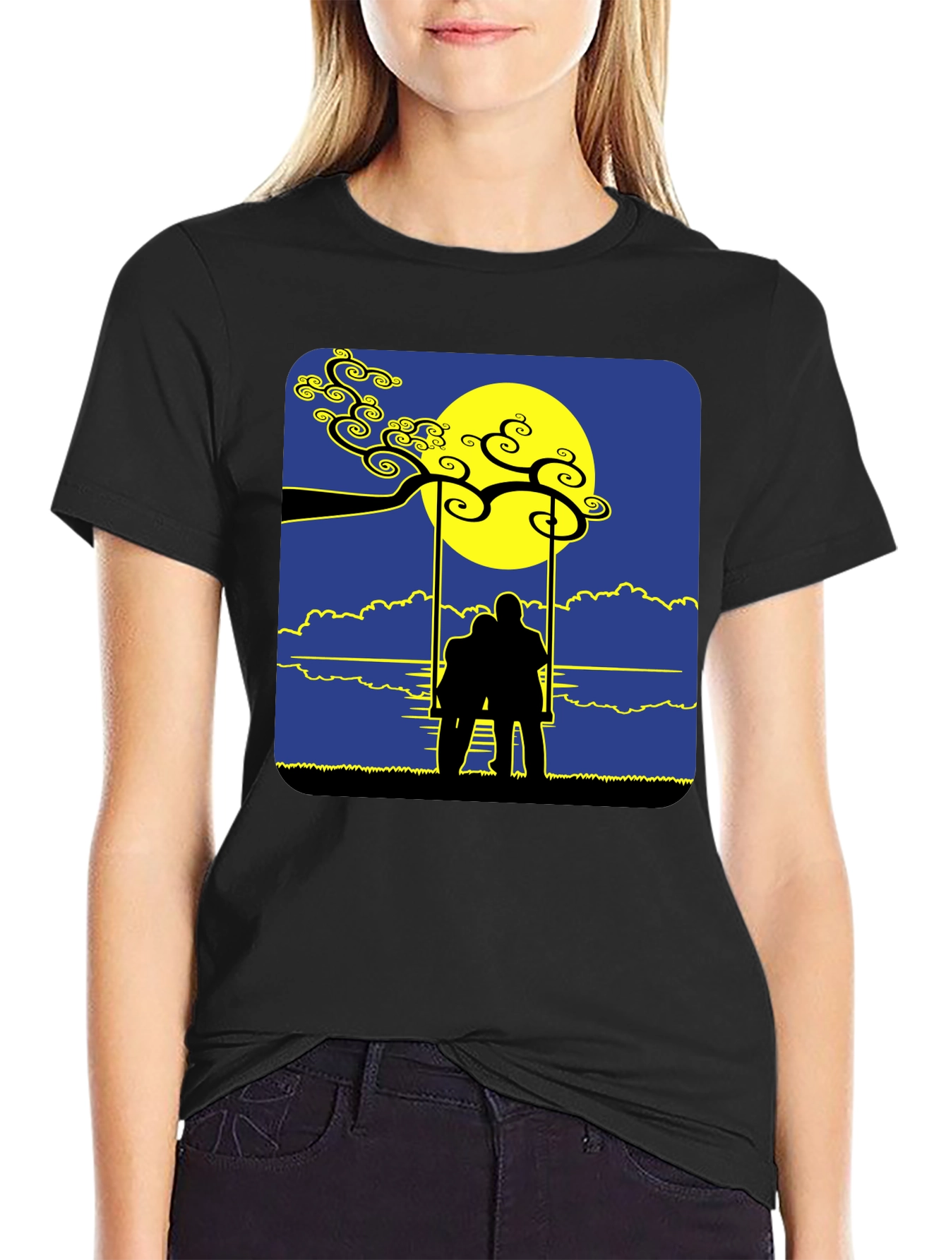 Black Romantic Silhouette Tee: Lovers on a Swing at Moonrise view 2