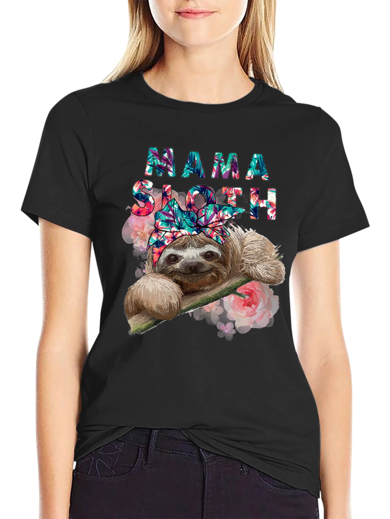 Black Mama Sloth Floral T-Shirt - Cute Animal Tee view 2