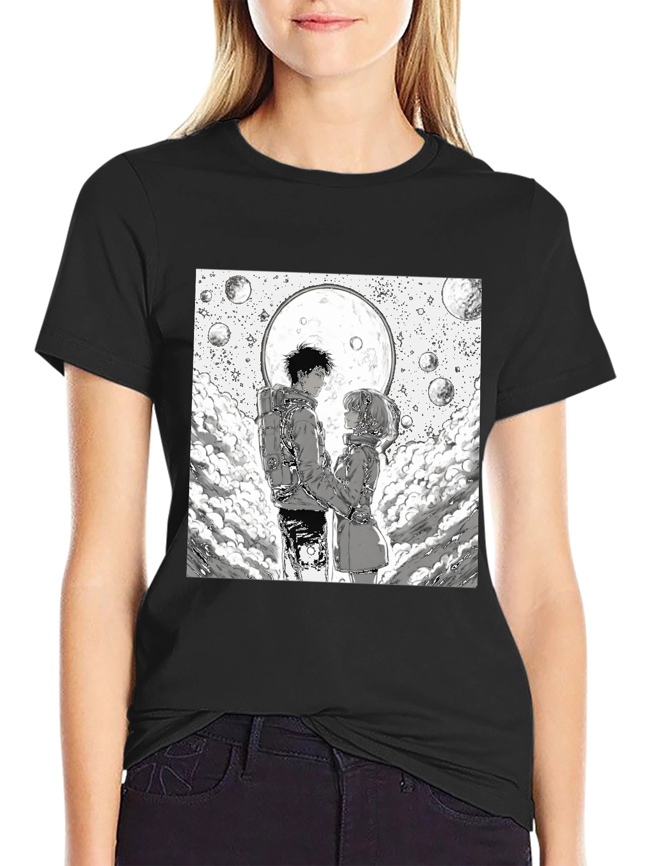 Black Anime Moon Lovers Graphic Tee - Black view 2