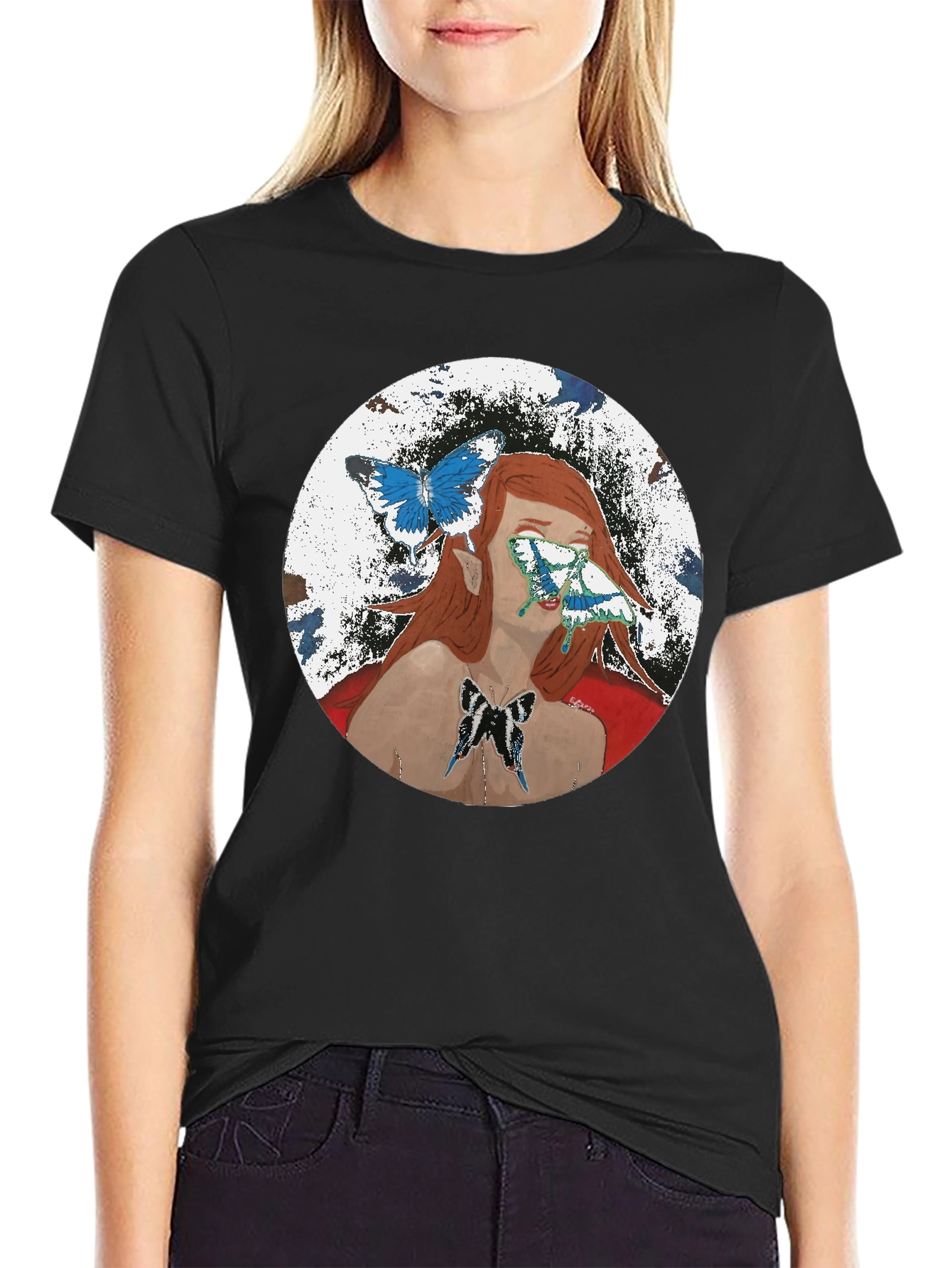 Black Butterfly Woman Graphic T-Shirt - Black view 2